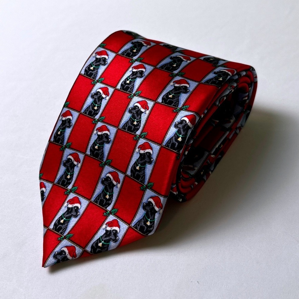 Tango by Max Raab Mens Christmas Black Lab Silk Necktie 58" Red Holiday Office